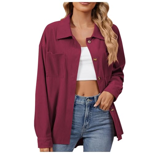 MODSGUE Chaqueta de pana para mujer, camisa de pana para mujer, chaqueta corta de manga larga, solapa con botones, abrigo informal, cómoda, parte superior con botones, rojo, XXL