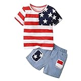 FRYAID Toddler Baby Boys 4th of July Outfits American Flag Tshirts Pocket Denim Shorts Infant Summer Clothes Sets 18-24 Months