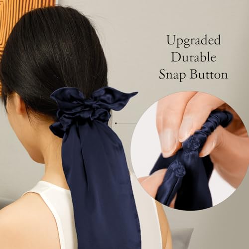 Image of LILYSILK 2-in-1 Silk Hair Ties with Silk Scrunchies for Long and Curly Hair, 100% Silk Bonnet for Sleeping & Daily Usage, Elastic Adjustable for Women Ladies and Girls Navy Blue