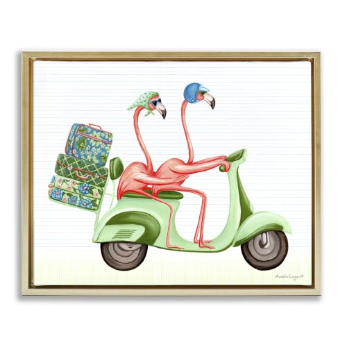 'Flamingo Couple Riding Motor Scooter Packed'| Floating Frame Canvas Art