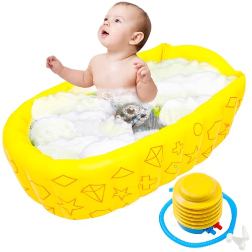 Harupink Bañera inflable para bebés, bañera ergonómica portátil, antideslizante, plegable para recién nacidos, niños y niñas (bomba de pie amarilla)
