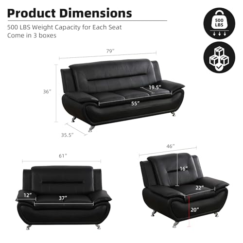 Image of Modern Leather Sofa Set, Living Room Furniture, 3 - Piece Couch Set, Faux Leather Couch Loveseat Chair Set with Sturdy Legs for Living Room /Bedroom /Office,Black