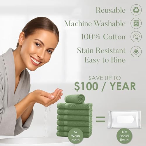 Image of DAN RIVER 12-Pack Premium 100% Cotton Sage Green Face Towels for Bathroom - Reusable Face Wash Cloths for Showering 12x12 Inches - 550 GSM Super Soft & Absorbent Luxury WashCloths for Body, Spa & Gym