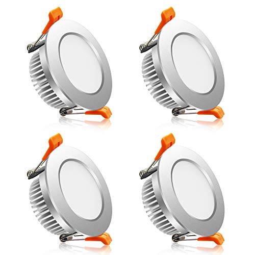 YGS-Tech 3 Inch LED Recessed Lighting Dimmable Downlight, 5W(40W Halogen Equivalent), 3000K Warm White, CRI80, LED Ceiling Light, Silver Trim with LED Driver (4 Pack)