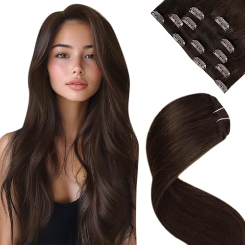 LaaVoo Extensiones de Clip de Pelo Natural Castano Oscuro 70g 5Piezas 40cm Extensiones Pelo Natural Humano Clip Brown Oscuro Recta Liso #2