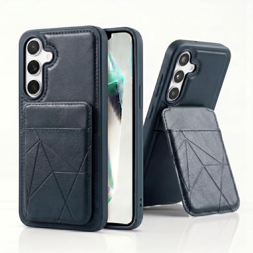 Image of amazon basics Premium Vegan Leather Back Cover with Card Holder and Integrated Mobile Stand for Samsung Galaxy S24FE 5G - Slim Shockproof Wallet Case with Geometric Stitching [Blue]