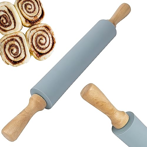 Retoo Nudelholz Silikon Teigroller mit Holzgriff und Antihaft Oberfläche 38 x 5,4 cm, Ermöglicht einfaches Teig ausrollen mit wenig Kraftaufwand Nudelhölzer zum Backen von Pizza