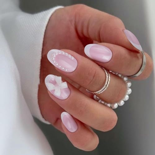 VOTACOS White French Tip Press on Nails Short Oval Acrylic Fake Nails Press Ons with Glue Milky Pink Glue on nail with 3D Bow Pearls Design 24PCS Cute Almond Stick on False Nail for Women — view 2