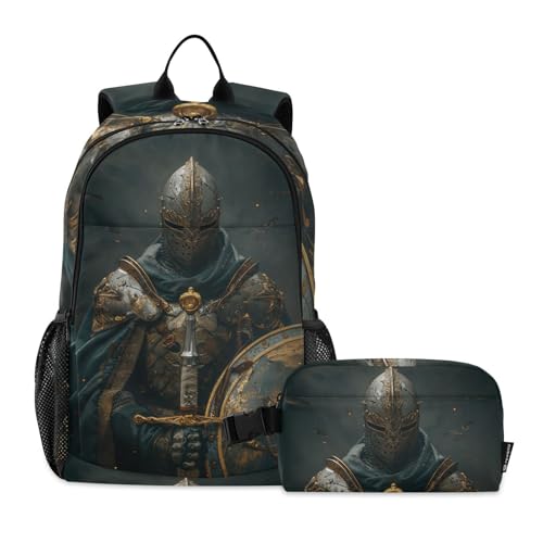 Backpack Knight Full Armor Book Bag Daypack Shoulder Bag Lightweight Back Pack with Lunch Box Travel Laptop Daypack 18.5 x 11.8 In