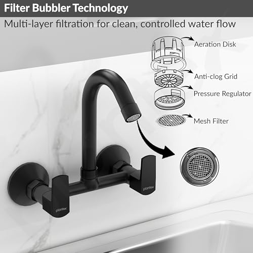 Image of Plantex Sink Mixer Tap for Kitchen with 360 Swivel Spout /Hot and Cold Water Tap with Wall Flange and Teflon Tape /Brass Spindle Sink Tap (Saga-Black)
