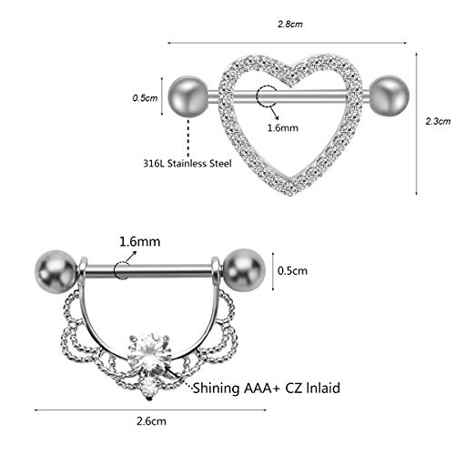 Nasama Stainless Steel Acrylic Nipple Rings Tongue Ring Cz Barbell Heart-Shape Piercing Body Jewelry (6Pair Steel Color) #TOP1