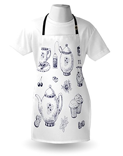 Ambesonne Blue And White Apron, Hand Drawn Teapots And Cups Muffins And Bags Vintage English Tradition, Unisex Kitchen Bib With Adjustable Neck For Cooking Gardening, Adult Size, Navy Blue #TOP2