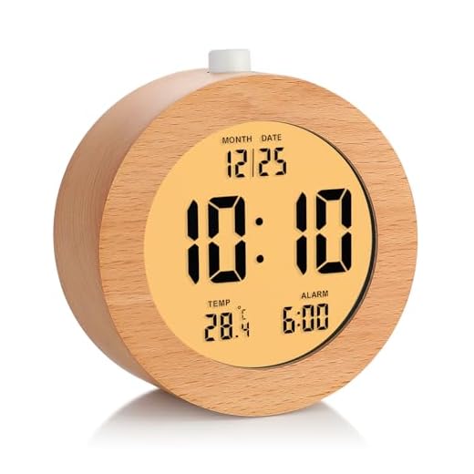 Plumeet Wooden Digital Alarm Clock for Bedrooms, Wood 4'' Battery Powered Alarm Clock with Snooze and Nightlight, Electronic LCD Desk Clock Display Time, Date, Temp, 12/24H, Wood Décor, Round, Brown