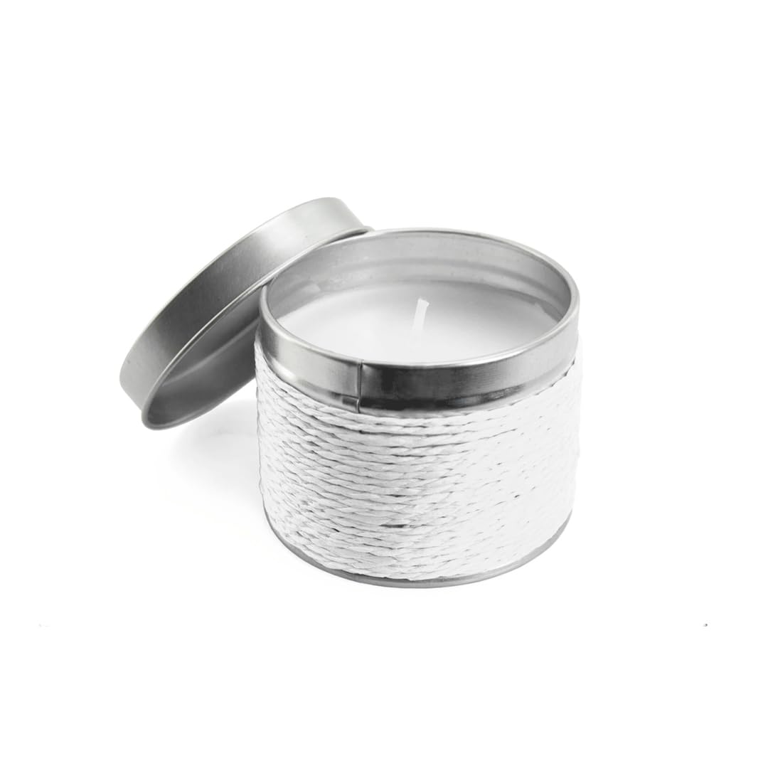 Packung mit 12 Duftkerzen in Metalldose, dekoriert mit farbigem Garn, Duft nach Vanille, Orange oder Schokolade, originelles Detail für Hochzeiten, Kommunionen und Taufen, Maße: 6,4 cm, Ø x 5 cm.