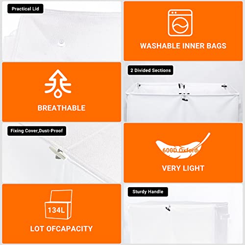 156L Large Double Laundry Hamper With Lid Handles 2 Divided Sections Removable Liners Bags Large Separated Clothes Hamper For Bedroom Bathroom College Dorm Laundry Clothes Sorting Pure White #TOP3