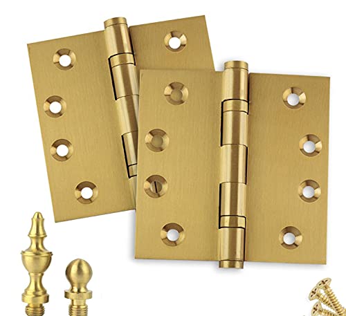 Solid Brass Architectural Door Hinges – 2 Vintage Decorative Cap Mortise Hinges, Ball Bearings, and Stainless Steel Hinge Pin – Home Decor by Embassy, 4 x 4 in., Satin Brass
