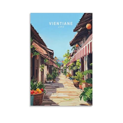 Toile murale minimaliste Vientiane au Laos - Affiche d'œuvre d'art pour salon, chambre à coucher, salle de bain, bureau - 30 x 45 cm