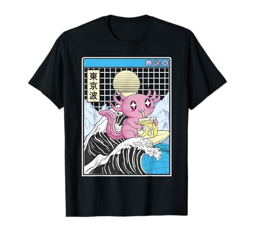 Axolotl Bere Banana Latte Kanagawa Wave Anime Vaporwave Maglietta