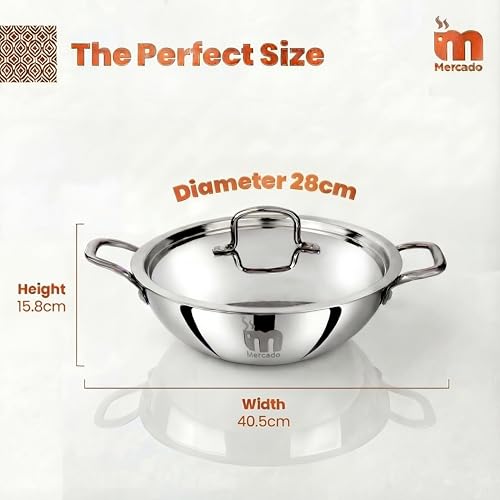 Image of Mercado Triply Stainless Steel Kadhai 28 cm (4.5L) with Lid | SS304 Food Grade | Even Heat Distribution | Deep Frying & Cooking | Induction & Gas Compatible I 5 Years Warranty