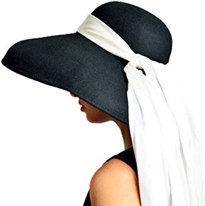 Dramatic Wool Hat with White Scarf – Audrey-Inspired Vintage Style, Oversized Fit, Fully Round Brim, Hard Structured (Not Floppy), Elegant Classic Look