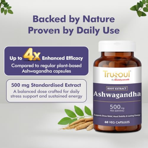 Image of Baidyanath Trusoul Ashwagandha 60 Veg Capsules | Supports Stress Relief Mood Stability | Rich in Antioxidants (Pack of 2)