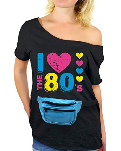 Awkward Styles Women's I Love The 80's Off The Shoulder Tops for Women T Shirts for 80's Fans + Sticker Gift (L/XL, 80s Shirt + Blue Fanny Pack)