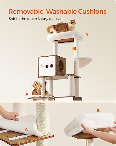 Feandrea Árvore de gatos com caixa de areia, torre moderna 2 em 1, playground para gatos de 180 cm c