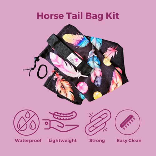 Image of MANE & STABLE Horse Tail Bag - 31.5 inch Waterproof Adjustable Tail Wrap, Black Feathers | Lined Protector for Braided or Loose Tails