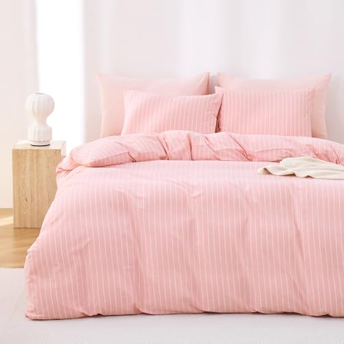Image of Wake In Cloud - Striped Cotton Duvet Cover Set, Ticking Stripe Vertical Pinstripe Farmhouse, 100% Washed Cotton Textured Bedding Set, 3 Pieces, Pink, Full Size