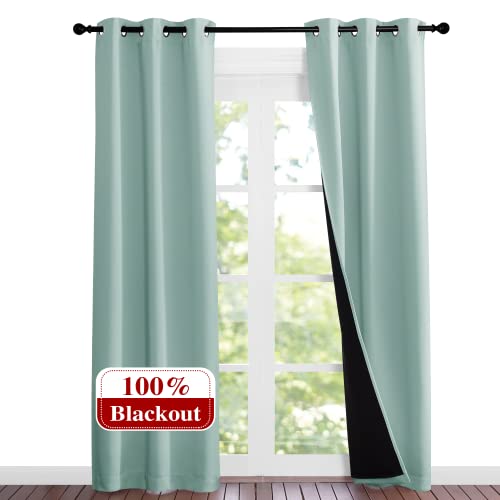 Image of NICETOWN Aqua Blue Blackout Curtains 84 inches Long, Full Light Blocking Drapes with Black Liner for Nursery, Noise Reducing Thermal Insulated Draperies for Doorway (2 Pieces, 37 inch Wide Each Panel)