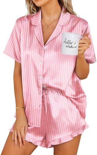 Ekouaer Womens Satin Pajamas Set Button Down 2 Piece Silk Pjs Sho...