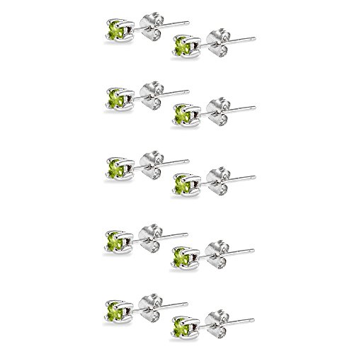 5-Pair Set Sterling Silver Peridot 2Mm Round Stud Earrings #TOP3