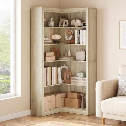GarveeHome Corner Bookshelf, 71.8'' Farmhouse Corner Bookcase, L-Shaped Bookshelf Large Bookcase, 5 Tier Display Shelf Heavy Duty Bookcases, Bookshelves with Storage (Light Wood)