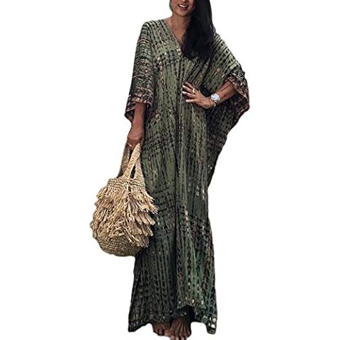 Eddoyee Plus Size Beach Kaftan Dresses for Women Print V-Neck Long Swimsuit Cover Ups Cover