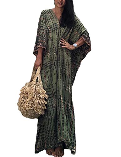 Eddoyee Plus Size Beach Kaftan Dresses for Women Print V-Neck Long Swimsuit Cover Ups