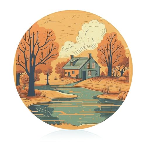 Tagliere in vetro temperato con fiume davanti alla casa, resistente al calore, tagliere rotondo con piedini antiscivolo, taglieri in vetro per frutta per bancone della cucina, piccoli taglieri da 20 x