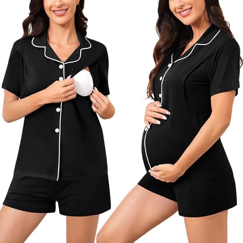 Image of SWOMOG Womens Maternity Nursing Pajama Sets Breastfeeding Sleepwear Postpartum Lounge Sets Double Layer Short Sleeve Pjs
