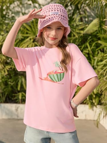 Image of Haloumoning Girls Short Sleeve T-Shirts | Kids, Summer,girls shirts,versized t shirts,Girls T-Shirts,Oversized Tops, Casual Crewneck, Basic Tees 5-14Y