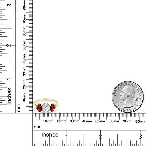 Gem Stone King 10K Yellow Gold Red Created Ruby White Moissanite And Diamond Accent 3 Stone Engagement Ring For Women (1.92 Cttw, Available In Size 5, 6, 7, 8, 9) #TOP2