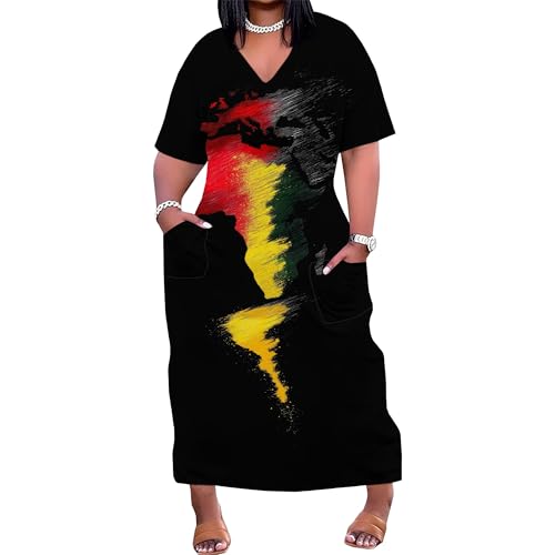 Image of Plus Size Maxi Dress for Women Short Sleeve V Neck Casual Loose Sundress with Pockets