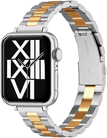 ARTCHE Thin Watch Strap for Apple Watch 41mm 40mm 38mm, Women Slim Stainless Steel Adjustable Replacement Band Jewelry Belt, Compatible with iwatch Straps Series 8/7/6/SE/5/4/3/2/1, Silver & Gold