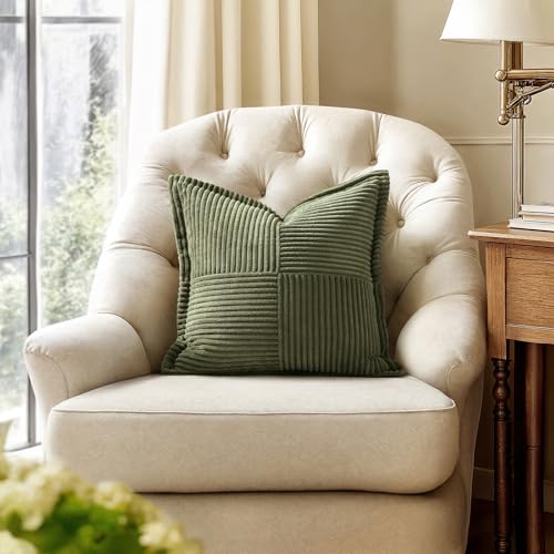 Image of MIULEE Spring Decorative Throw Pillow Covers for Couch Bed Livingroom 20x20 Inch Set of 2 Olive Green Boho Accent Throw Pllows Broadside Striped Patchwork Soft Corduroy Summer Pillowcases