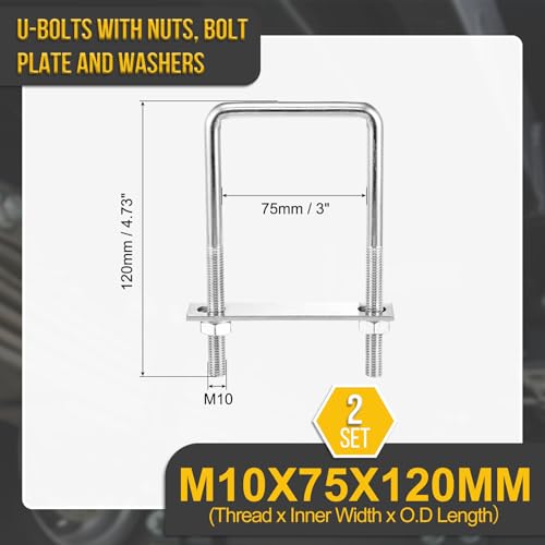 Image of DTGN M10x75x120mm U Bolts Square Kit - 2Set - 304 Stainless Steel U-Bolt Kit with Nuts, Washers, Frame Plate - Good for Pipe, Trailer, Automotive, Leaf Spring Fastener