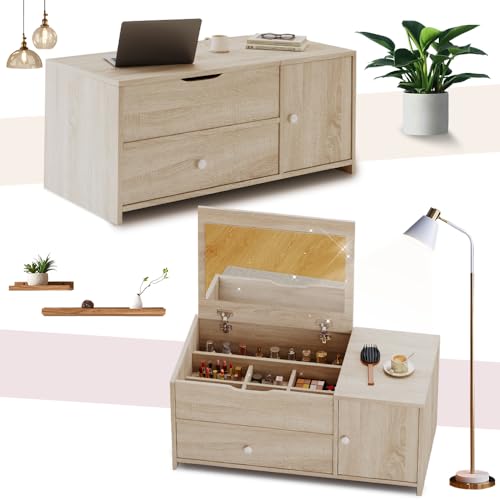 ドレッサー コンパクト ローテーブル 鏡台 デスクメイク台 幅80 引き出し付き 収納付き ロータイプ 化粧台 オーク (オーク)