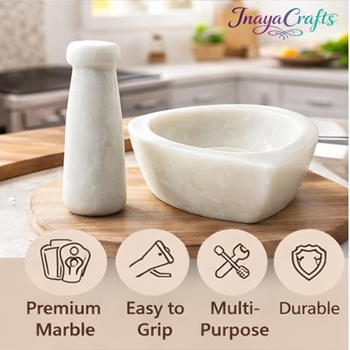 Image of Marble Boat Shape Mortar and Pestle Set 5 Inch, White Stone Grinder for Crushing Spices, Herbs and Garlic, Traditional Kitchen Tool for Masala, Chutney and Food Preparation