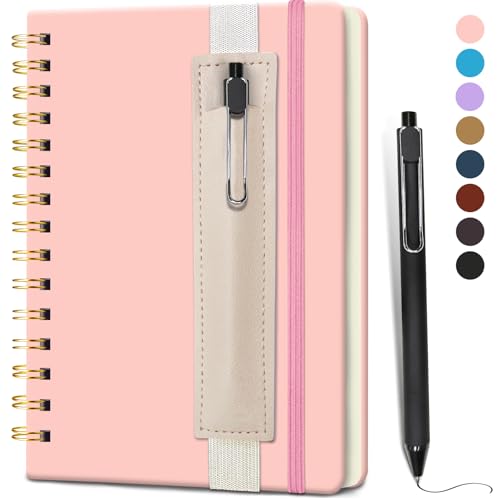 DWIYITTN A5 Spiral Notebook and Pen Set 160 Lined Pages Faux Leather Hardback Wirebound Notebook A5 with Detachable Pen Holder and Pen for School College Work Home Writing Note Taking(Pink)