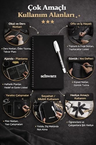 Siyah Spiralli Defter, A5 Çizgisiz Premium Not Defteri, 1 Adet Hediye Beyaz Jel Kalem, Ofis ve Okul İçin Şık Tasarım, Yazı Yazma, Çizim, Not Tutma İçin Mükemmel Hediye Seti - Görsel 4
