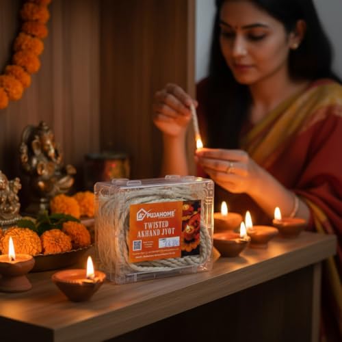 Image of Twisted Akhand Jyot Batti, Special Long Akhand Jyot Cotton Wicks Batti for Diya Mandir Pooja Oil Lamp | Cotton Akhand Jyot Batti White for All Puja, Aarti, Akhand Jyot (Pc of 12 Wicks, White)
