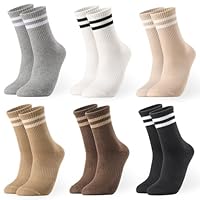 Utensilsto 6 Paar Socken Damen 39-42 Tennissocken Baumwollsocken Sportsocken Damen Socken mit Streifen Motiv Strümpfe Crew Socks für Tennis Lauf Sport Alltag Freizeit weiß,schwarz, braun, grau, beige