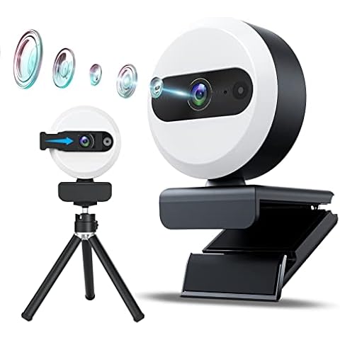 2K Webcam for PC, USB Webcam with Microphone, PC camera with Tripod and Privacy Cover, Plug&Play, streamcam with Touch Control Ring Light for Living, Video Chatting(White) Cover